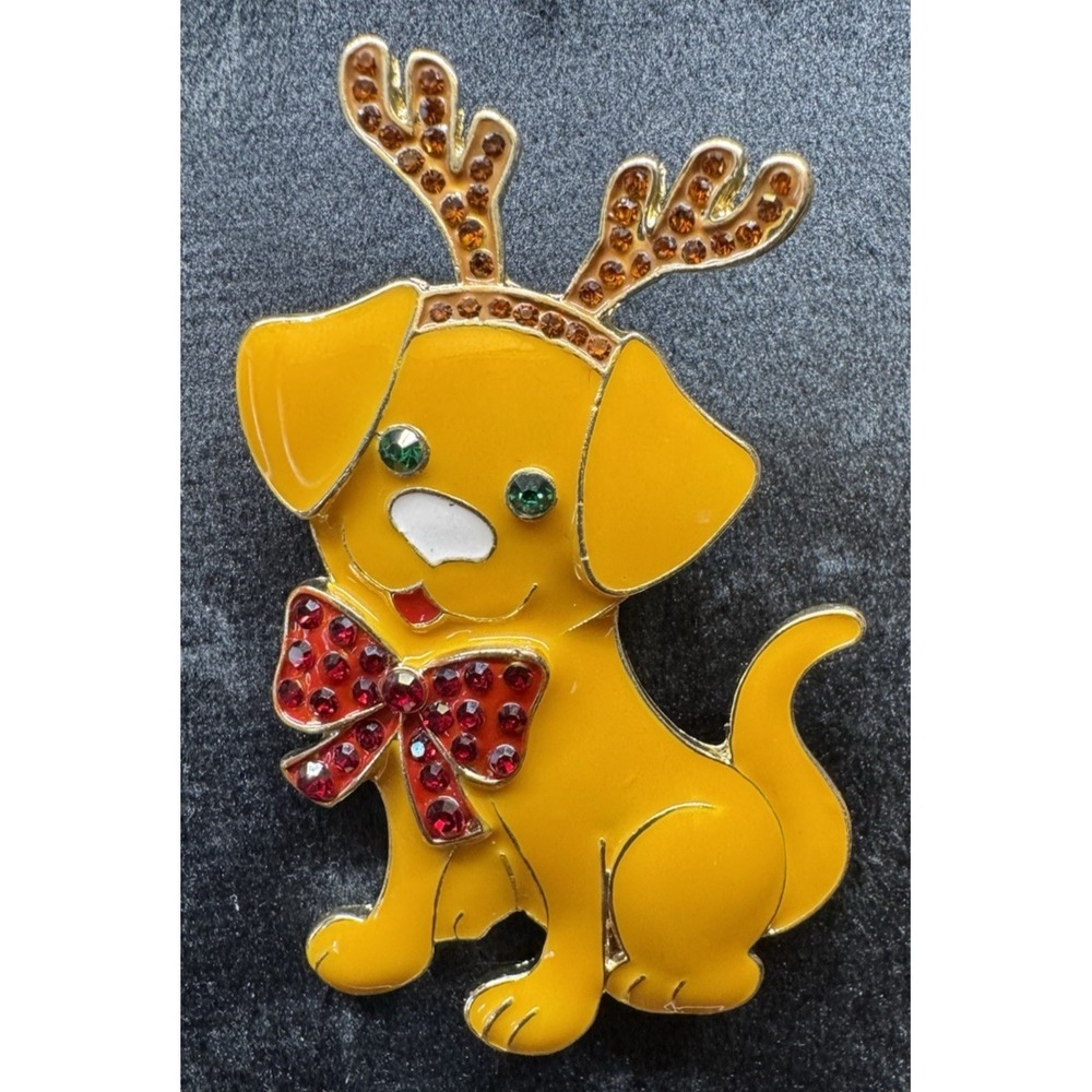 Vintage Christmas Reindeer Dog Brooch Enamel Rhinestone Holiday Pin